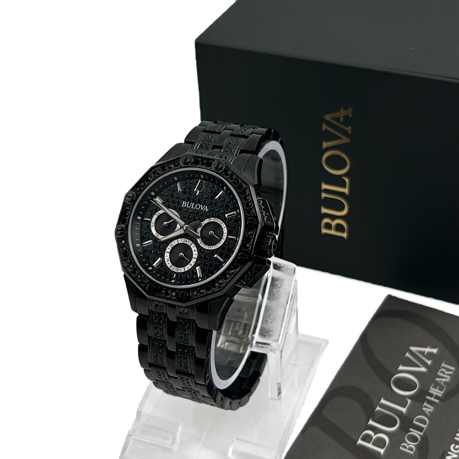 Bulova Octova Crystal 98c134 Mens Quartz Black Stainless Steel Gemmed Dial 41mm