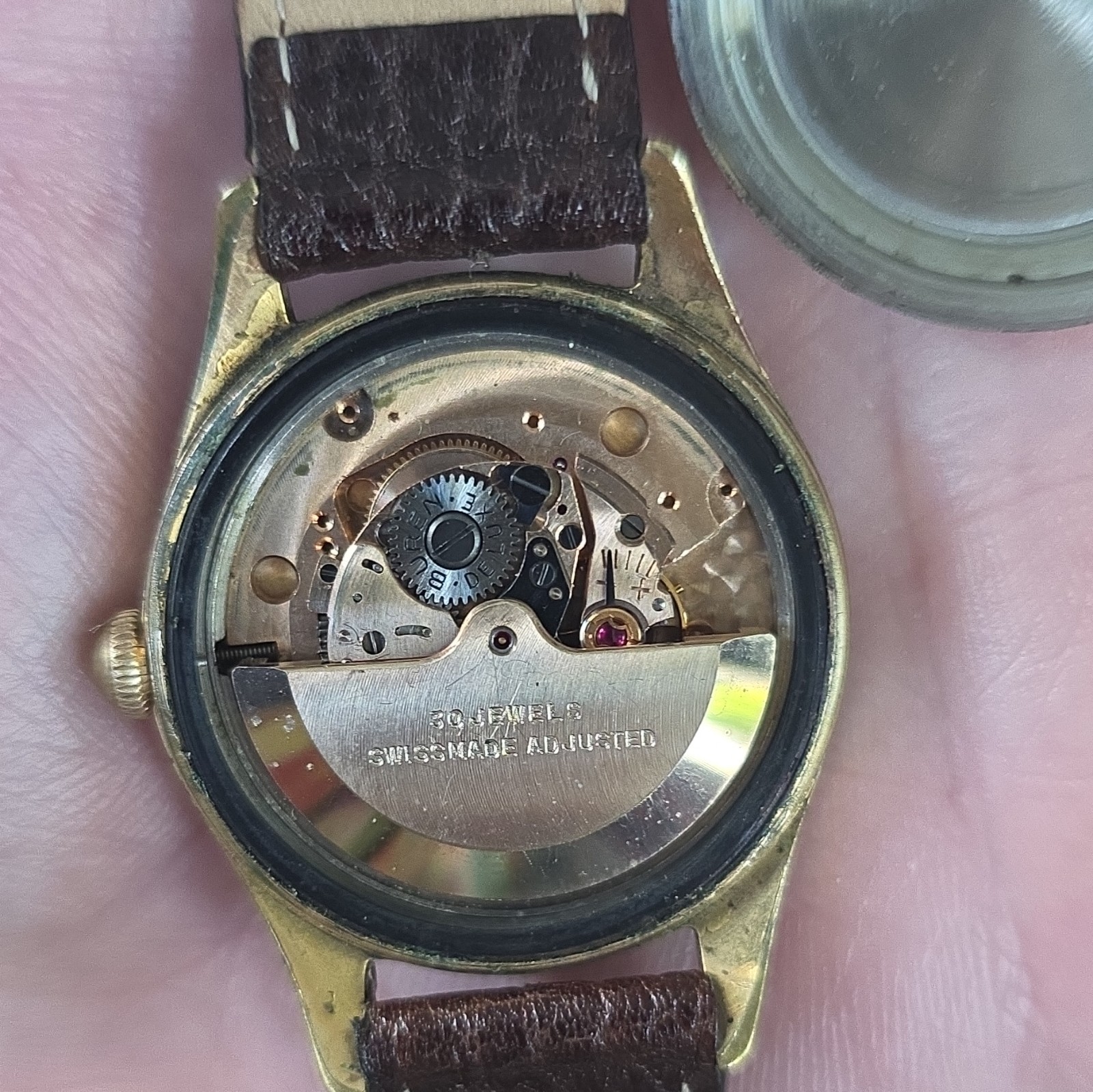 Buren Rotowind Automatic 30J Swiss Gold Plated Silver Dial Brown Leather 35mm