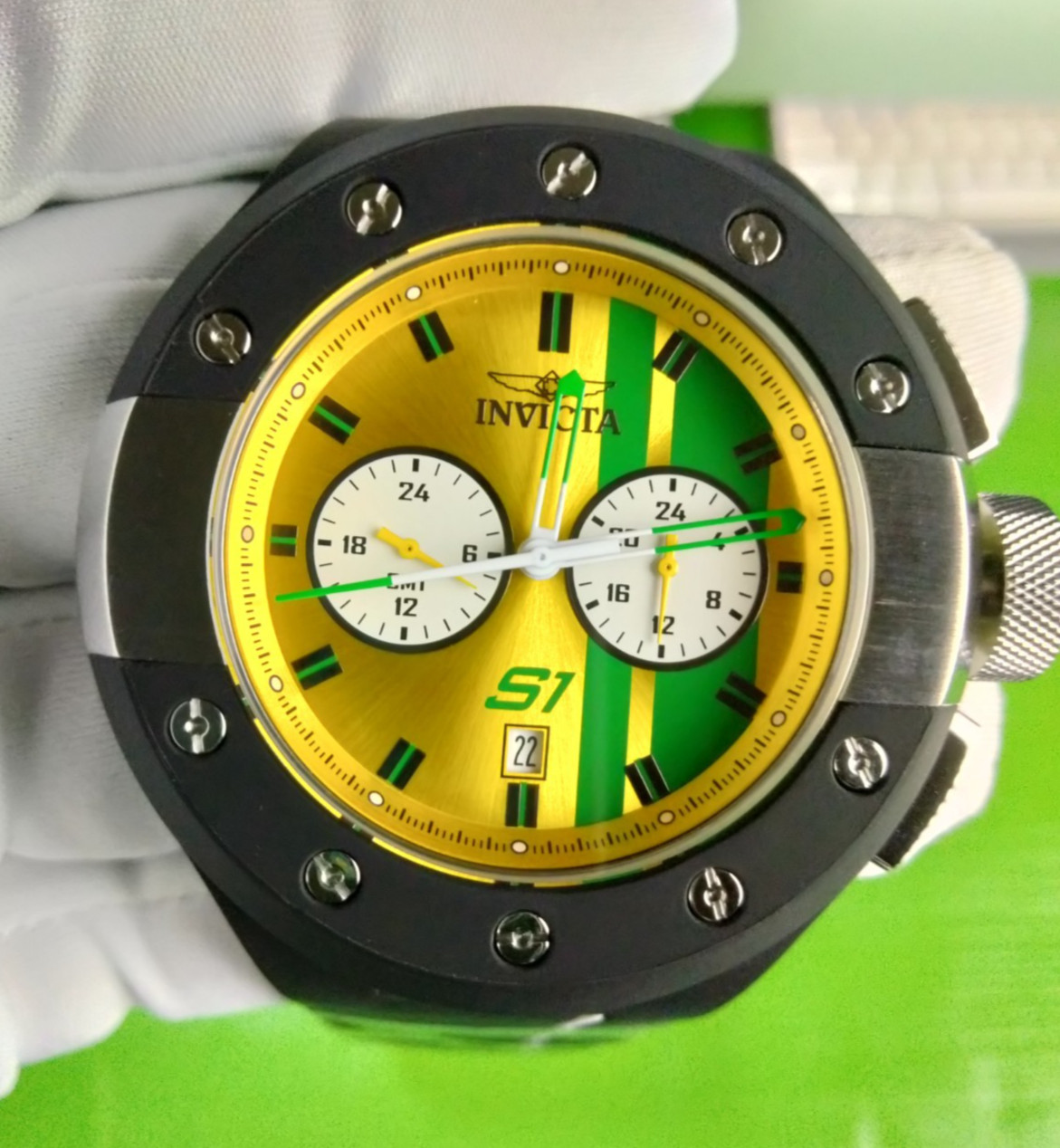 Invicta S1 Rally 44359 52mm Green Dial Black White Strap Watch