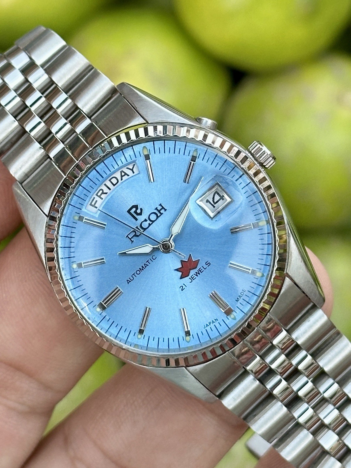 Ricoh President Automatic 21 Jewels Beauty Ice 🧊 Blue Dial Day/Date Wristwatch