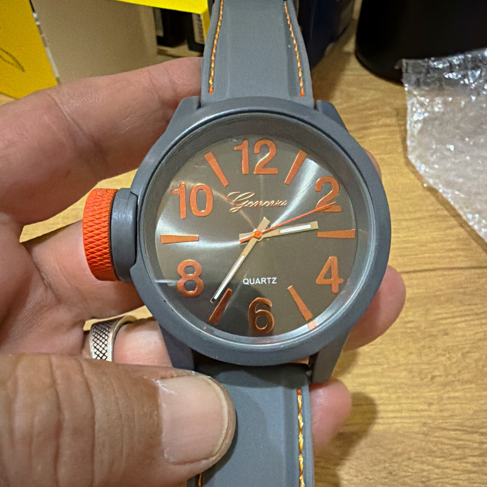 Geneva Quartz Analog Oversize Watch Gray Dial SS Case Gray Rubber Strap Orange