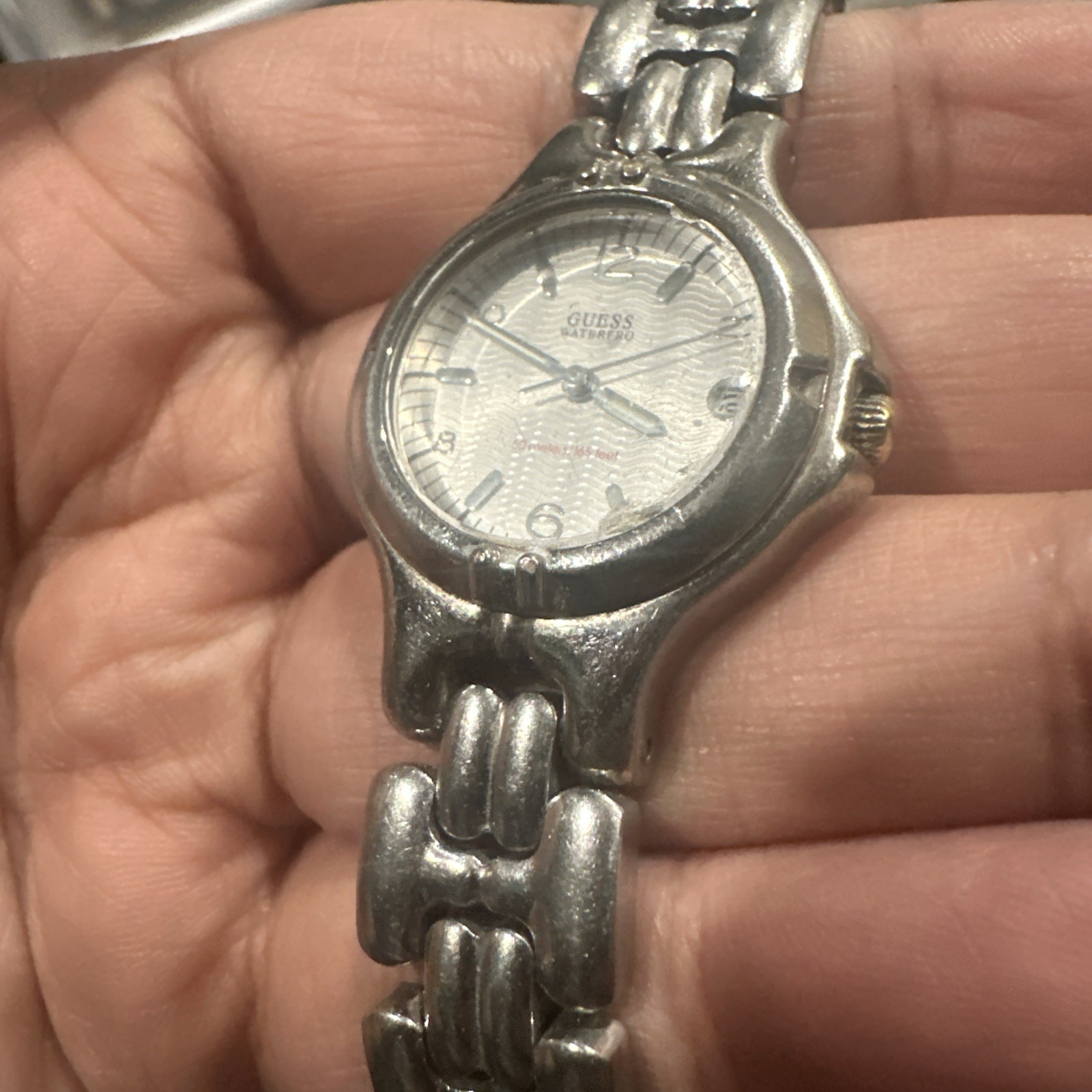 Works Guess Waterpro Watch Womens 25mm Date Silver Tone New Battery Fit 6.5in