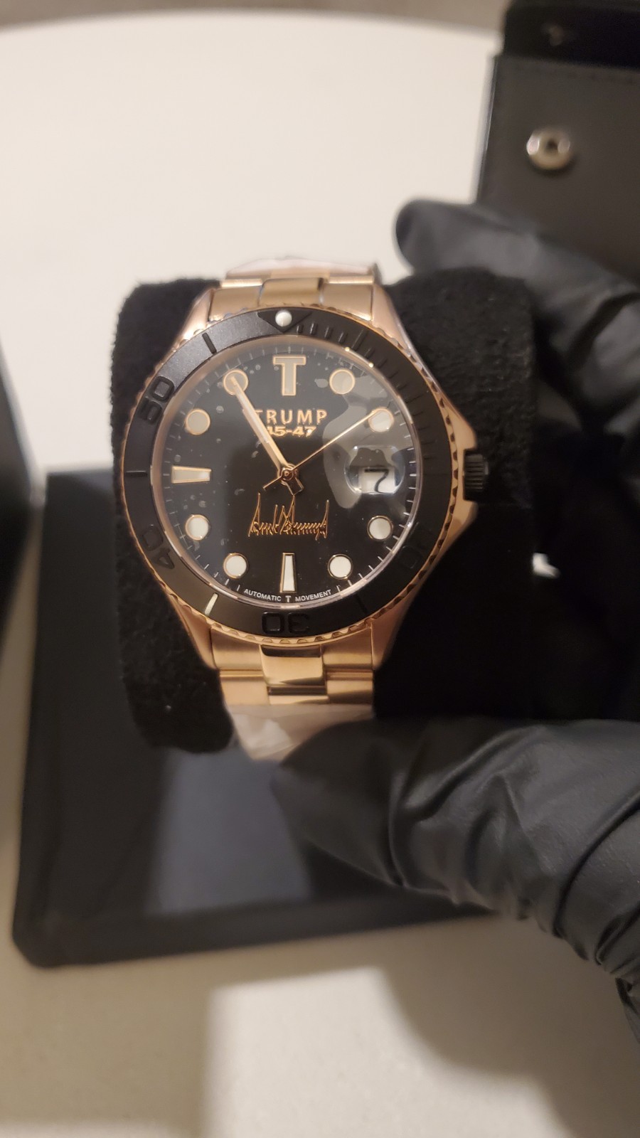 Trump 45-47 Men’s Automatic Analog Date Watch Black Dial on Rose Gold Band