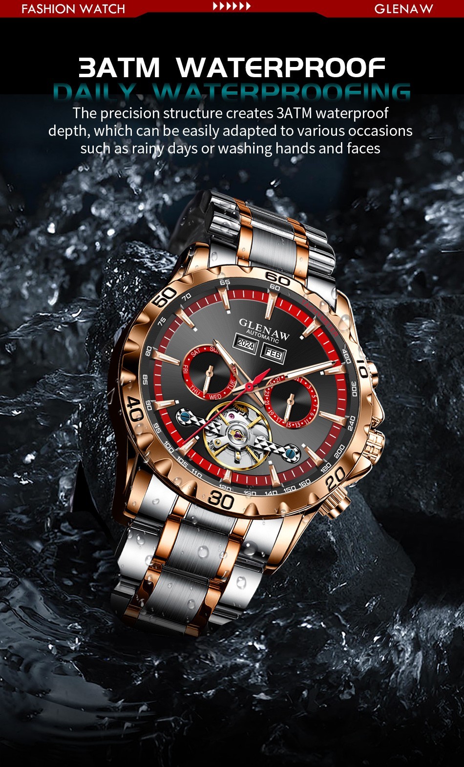 GLENAW Men’s Skeleton Tourbillon Date Mechanical Watch with Luminous