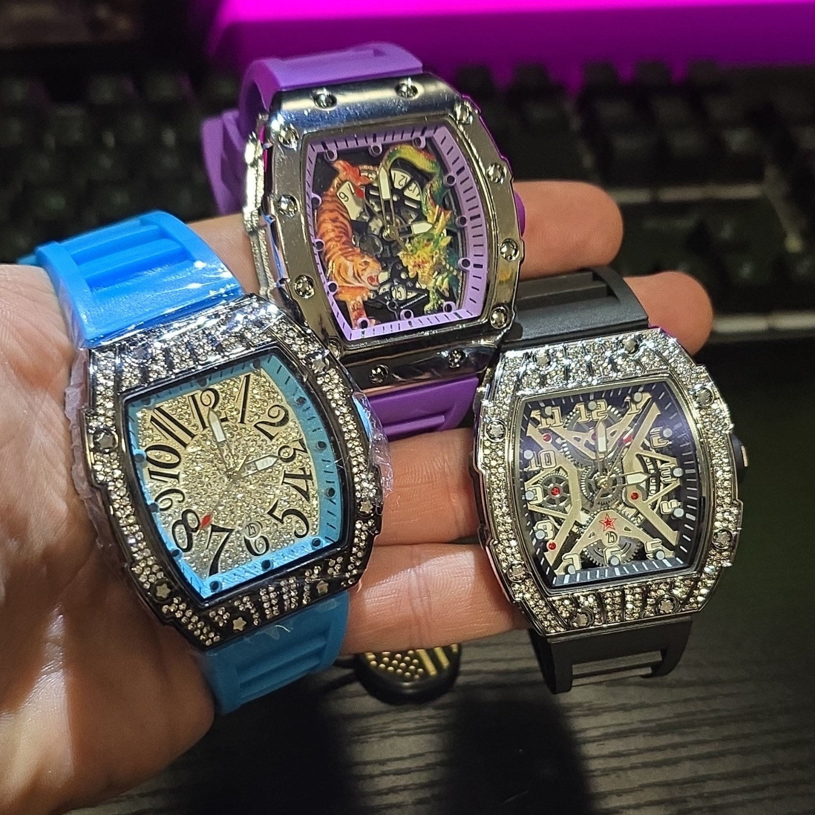 Luxury Watch Set Blue Purple Black Rubber Bands Skeleton Dial Stainless Steel