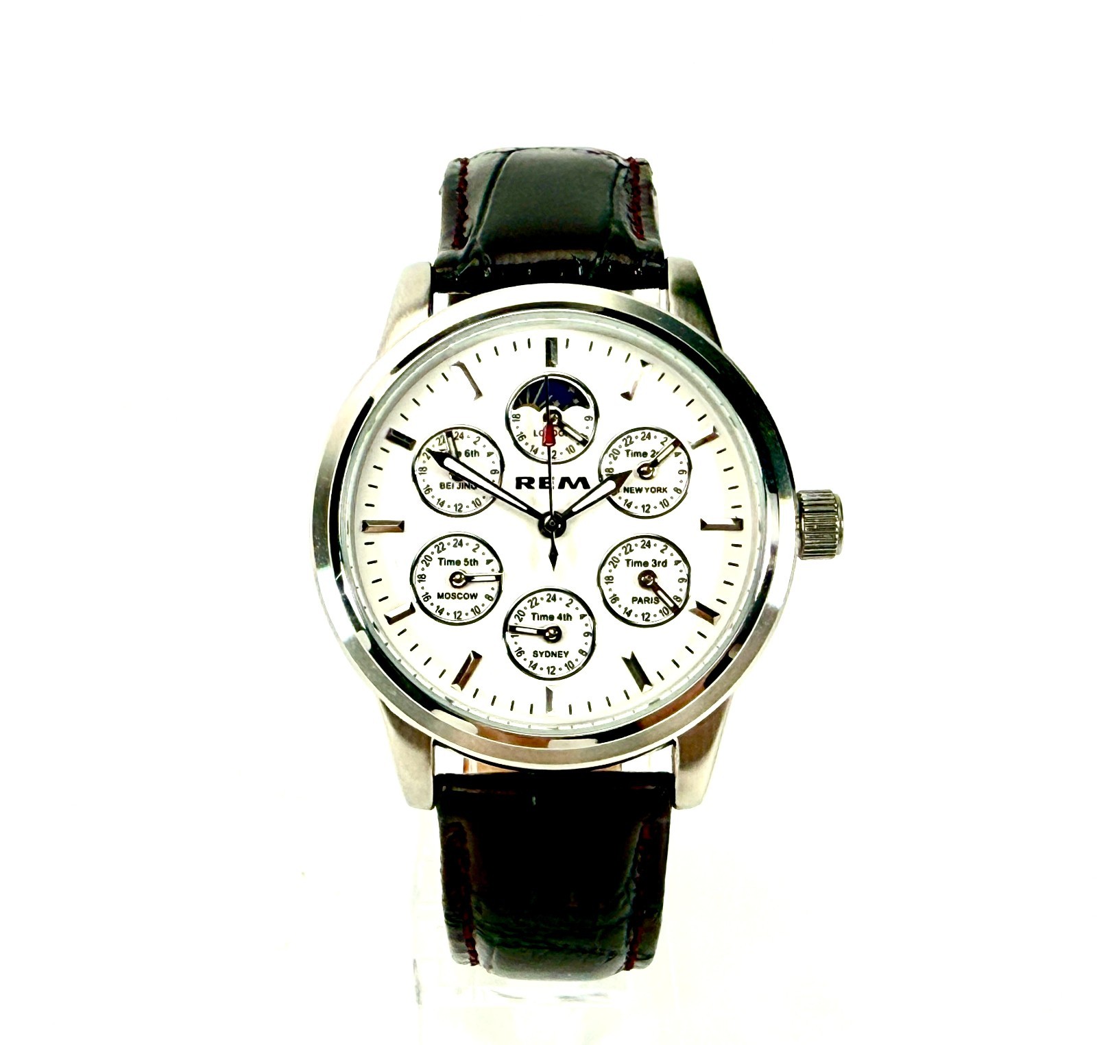 9 Hands World 6 Time Zones Moon Dial Stainless Steel Automatic Wrist Watch