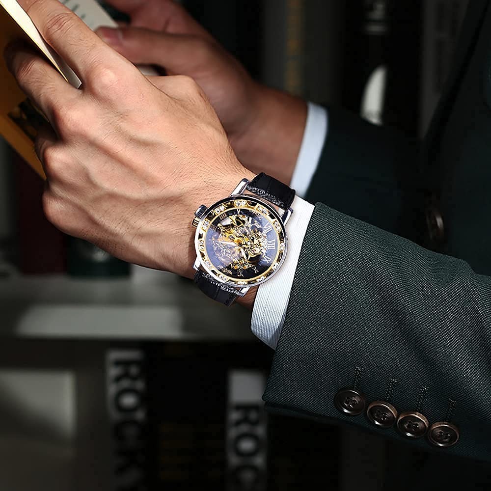Retro Mechanical Skeleton Watch for Men, Diamond & Carved Flower Design, Classic
