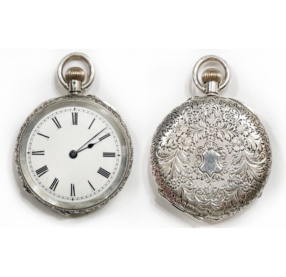 Victorian 935 Fine Silver Ladies Swiss Mvt Hand-Carved Pocket Watch UK, Serviced