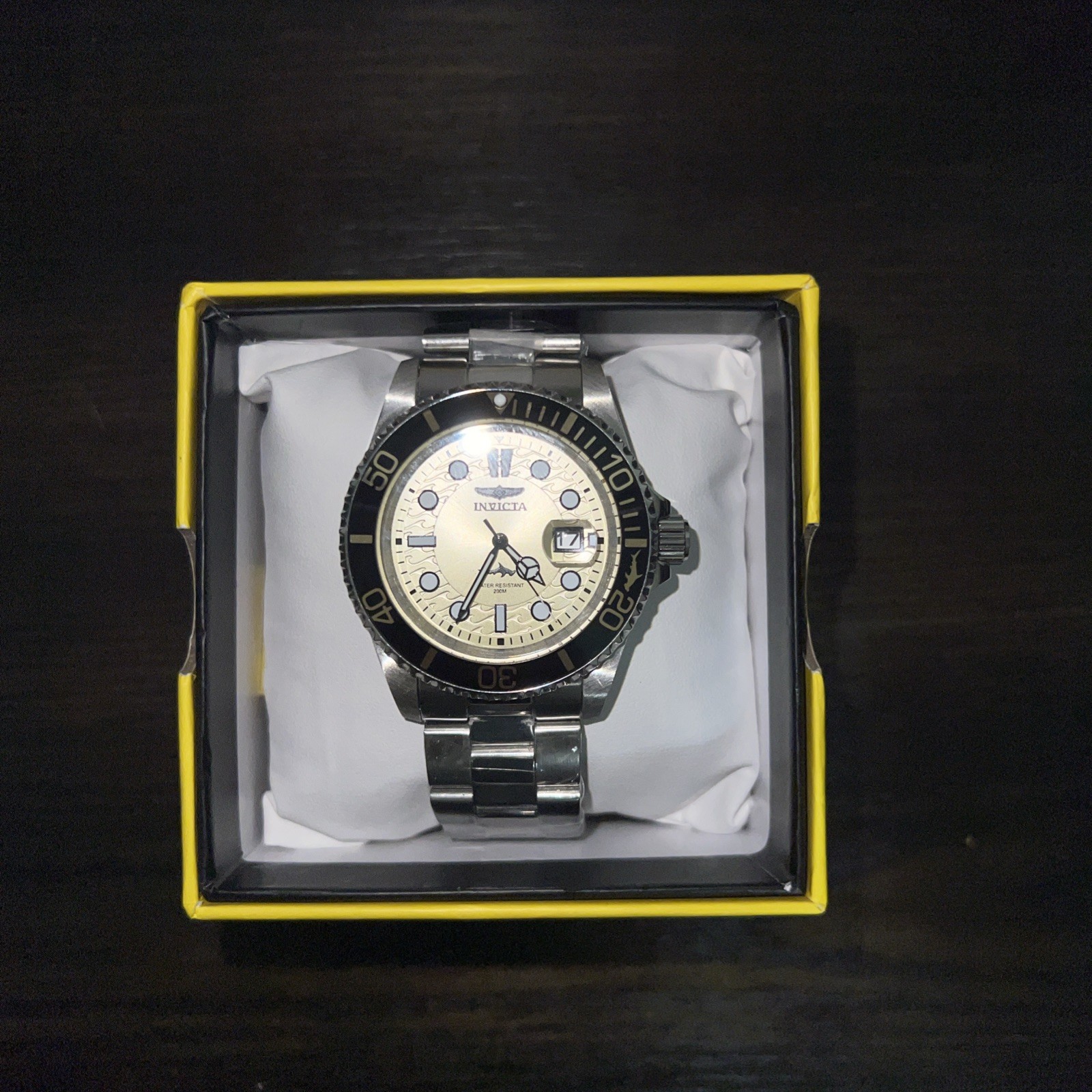Invicta Men’s Diver Watch Black/Gold Rotating Bezel SS Bracelet White Dial Box