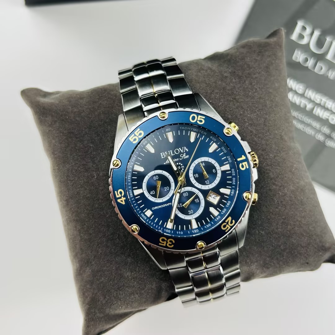 Bulova Men’s Marine Star 98B400 Blue Dial Chronograph Quartz Watch New 41.5 mm