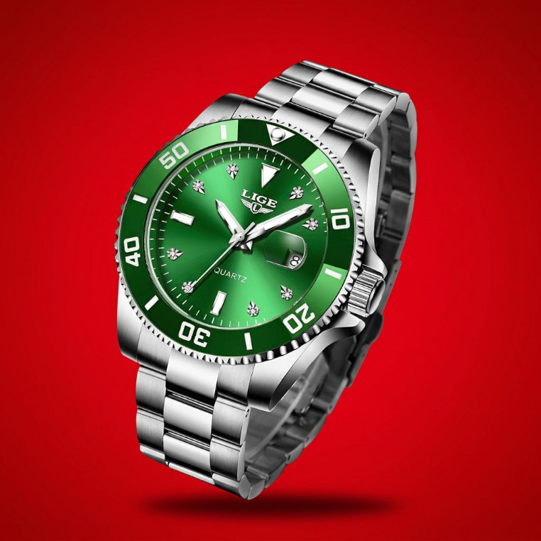 Men’s Green Dial Quartz Watch Stainless Silver Luminous Analog Wristwatch Lige