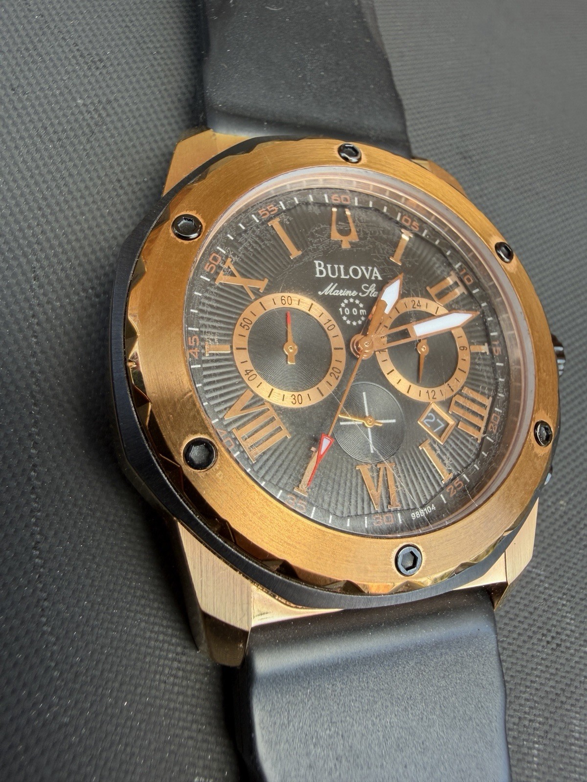 Bulova Marine Star Rose Gold Chronograph Black Silicone Strap Men’s Watch 98B104