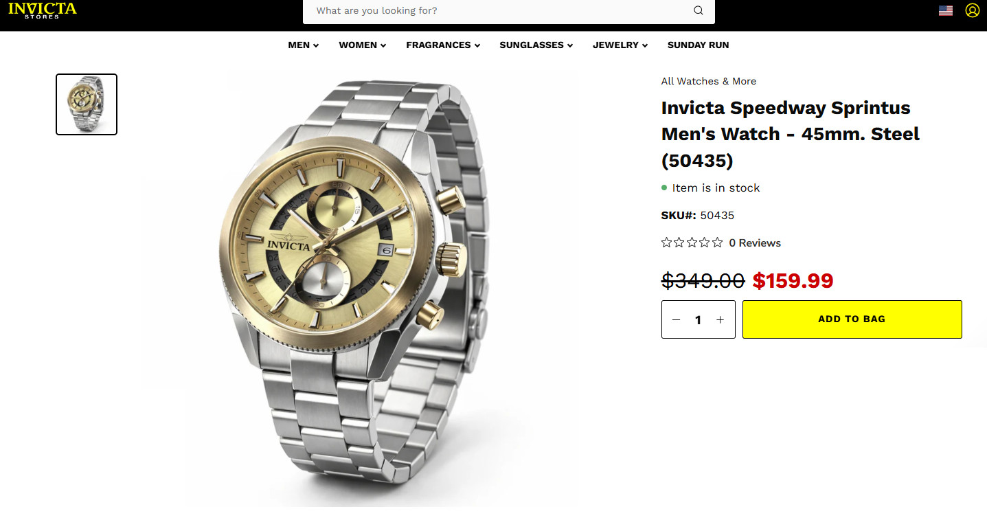 Invicta Speedway Sprintus Men’s Watch 45mm Steel w/ Gold Bezel & Date NEW