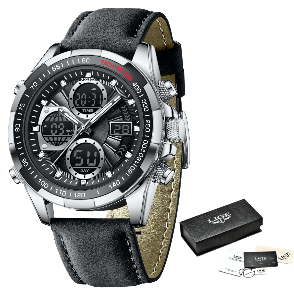 LIGE Men Watch Quartz Digital Luminous Waterproof Leather Band Man Wristwatch
