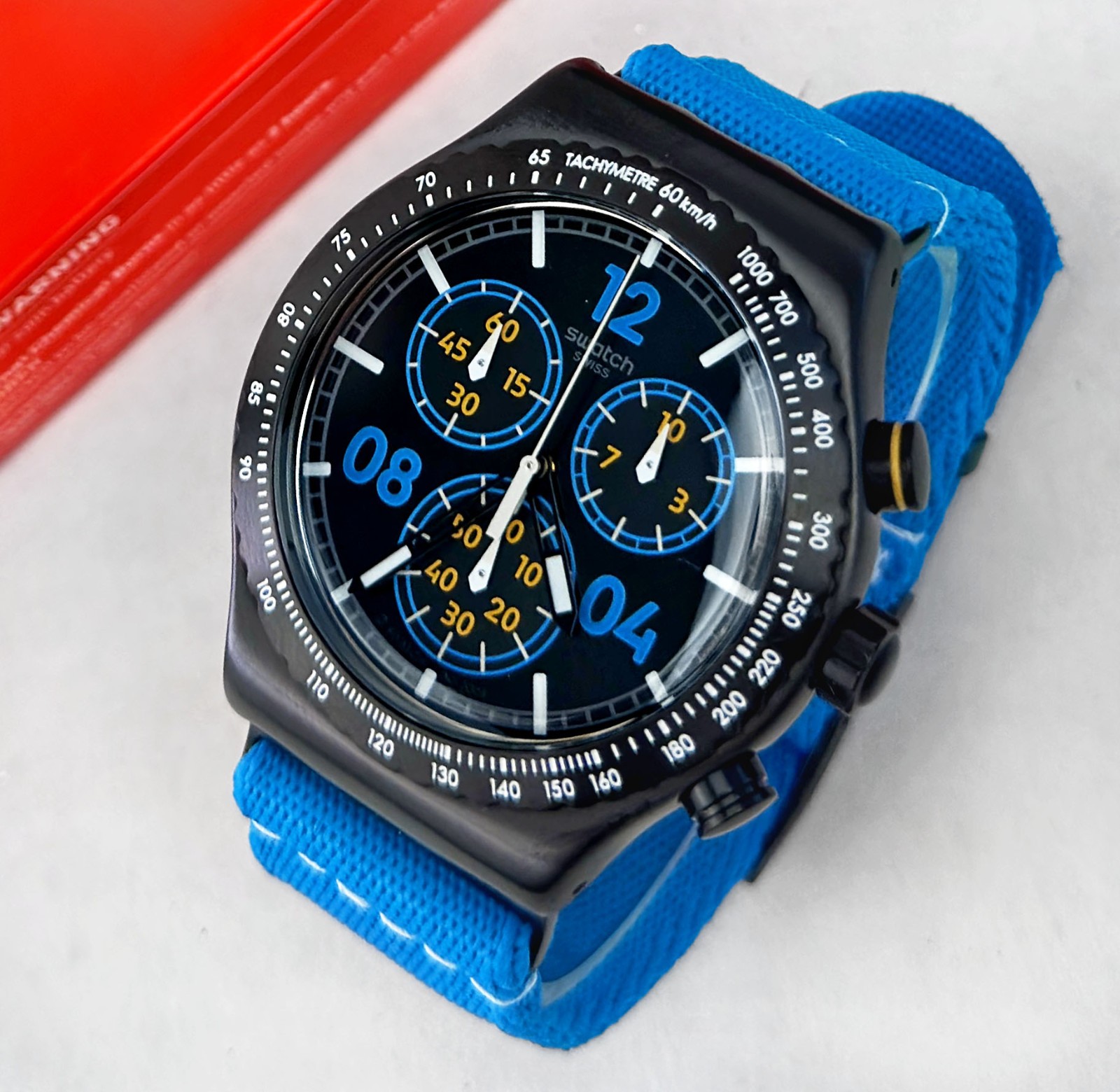SWATCH IRONY Chronograph MOMENTS IN BLUE YVB100 Black PVD Textile 43mm Watch