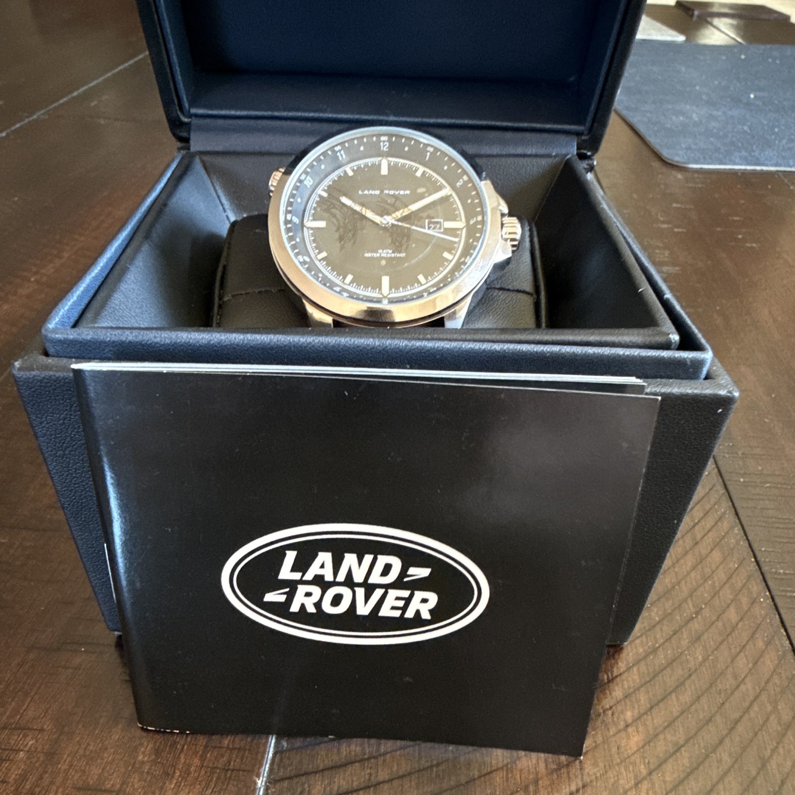 Land Rover Men’s Quartz Analog Watch Black Dial Date Brown Leather Strap 100m