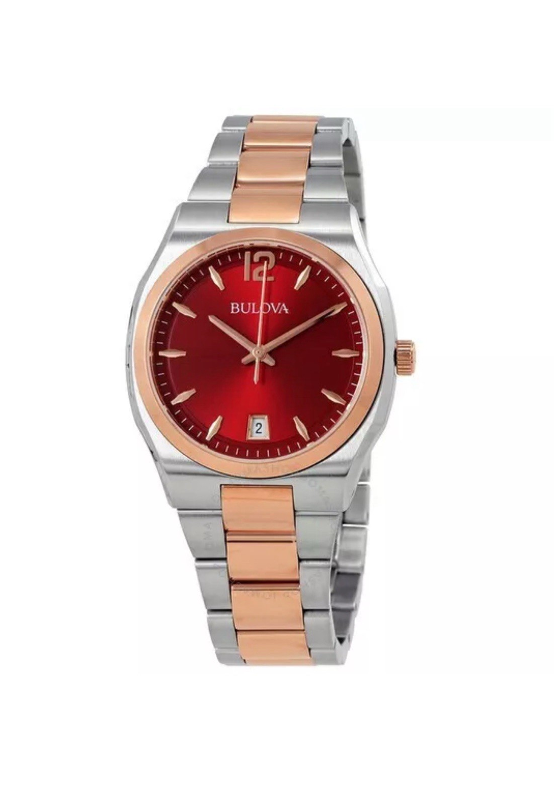 BULOVA Classic Womens Watch, Red Dial w/ Date, Two-Tone Silver & Rose Gold Band