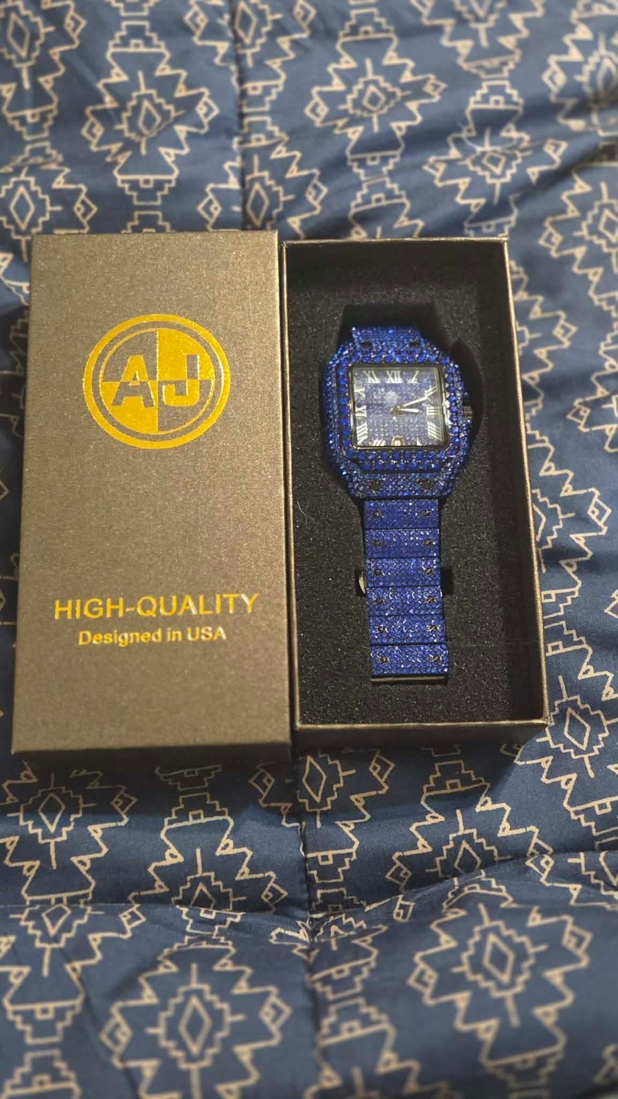 AJ Square Blue Stainless Steel Bracelet Quartz Watch Roman Numerals w/ Box