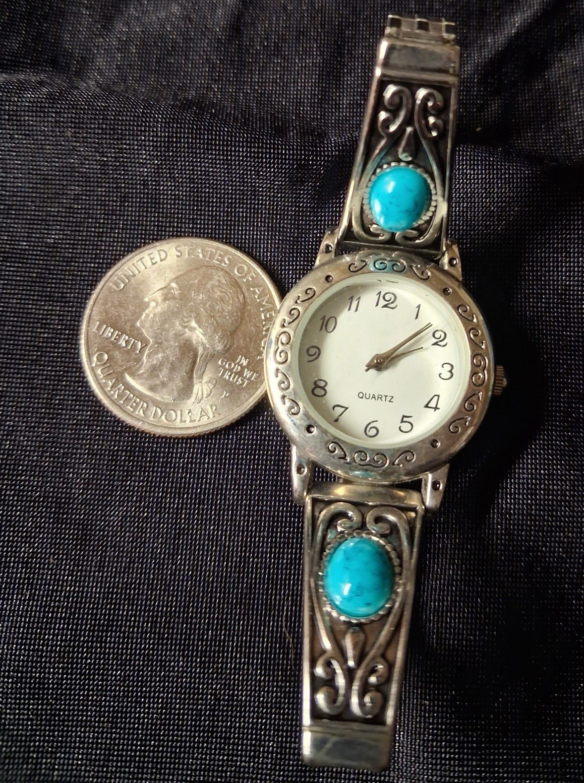 Accutime Women’s Quartz Analog Silver Tone Stretch Bracelet Turquoise Stones