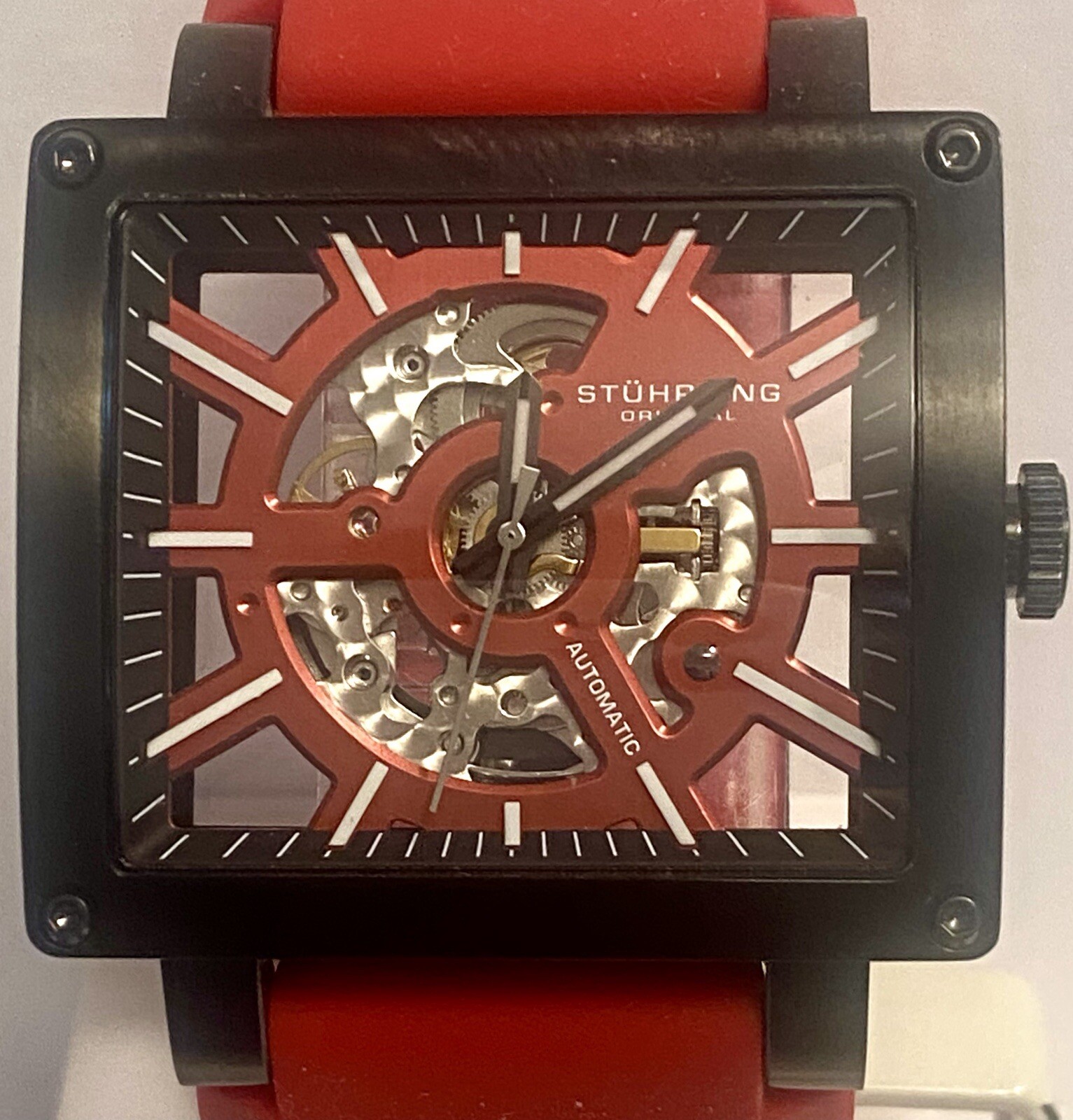46mm Auto Skeleton Black Rectangular Red Strap WILD AXIS Mens Watch by STUHRLING