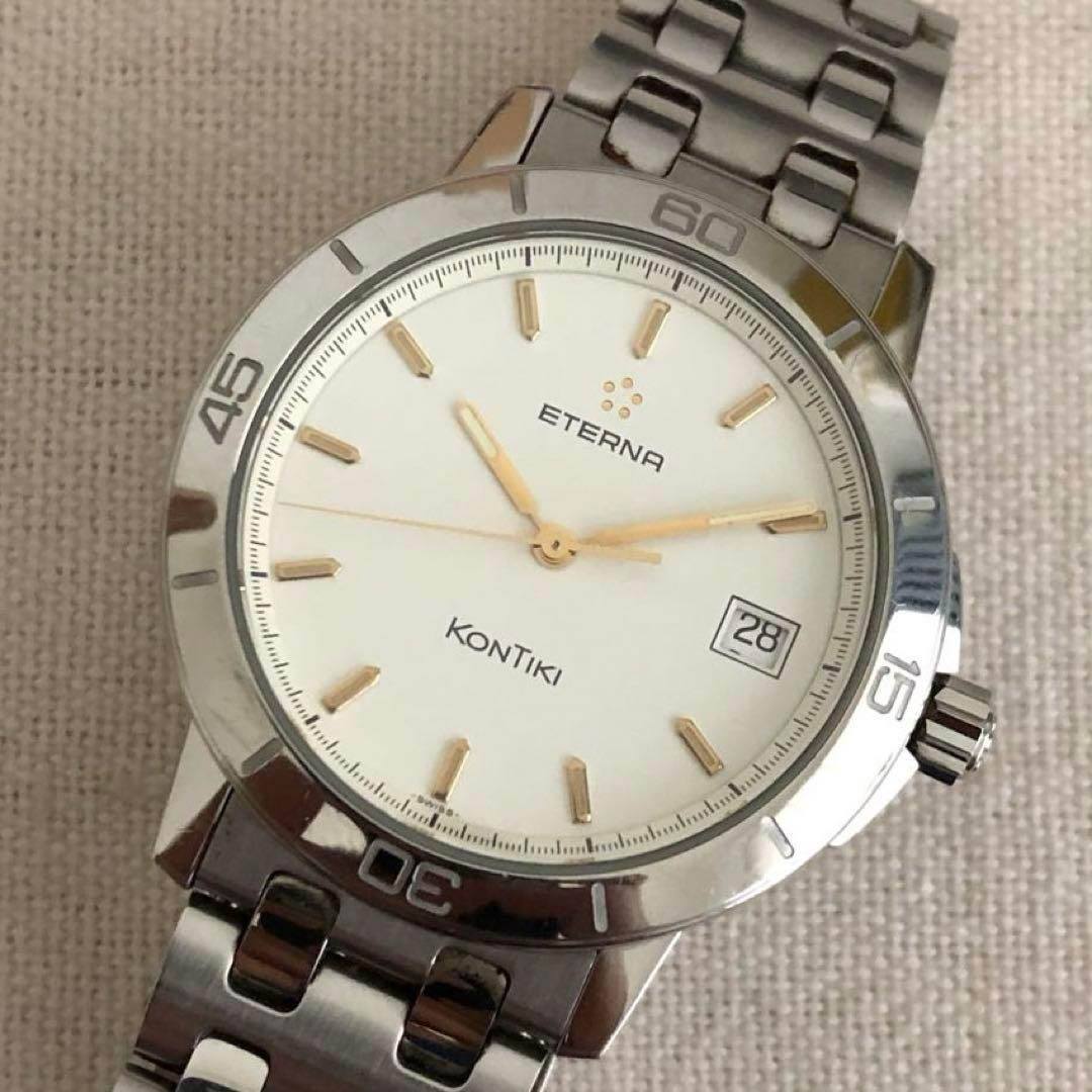 Eterna Kontiki Quartz Men’s Watch 36mm White Dial Stainless Steel Japan Rare