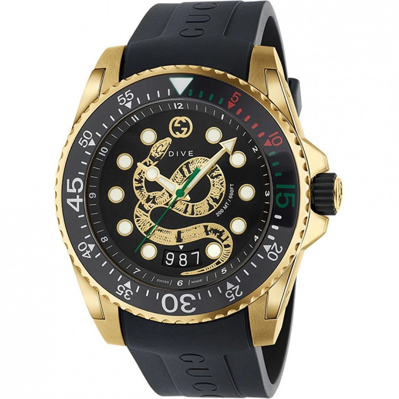 Gucci Dive Gold Snake Black Dial Rubber Strap Men’s Watch YA136219