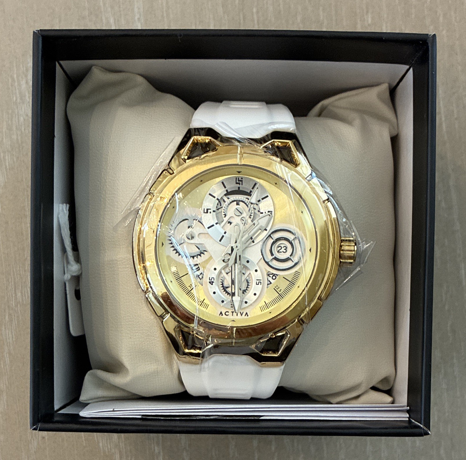Activa Quartz Analog 44mm Gold/White Dial White Silicone Strap Date w/Box