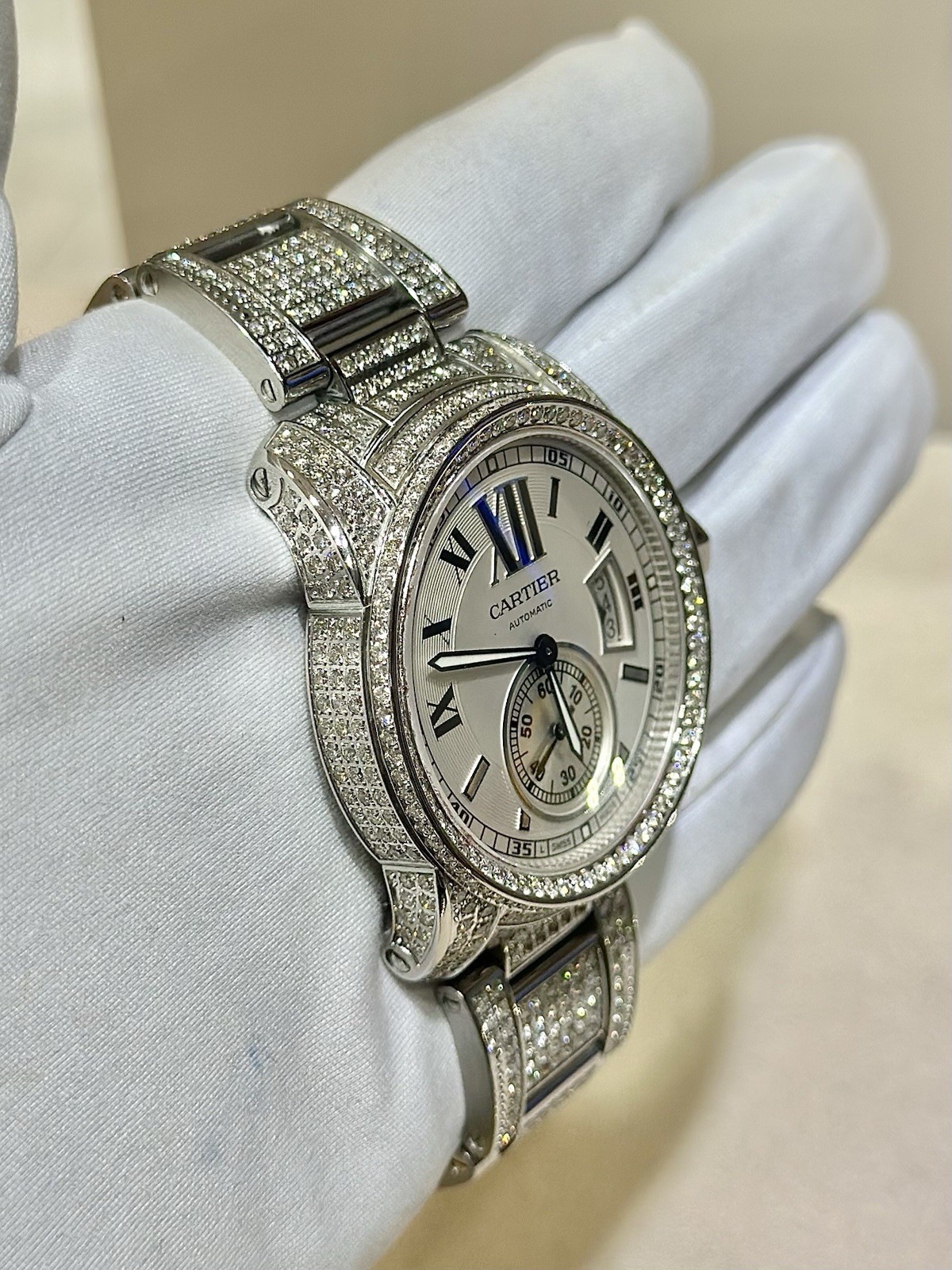 Cartier Calibre 42MM S/S Custom Diamond Automatic Watch – Approx 25.00 CTW