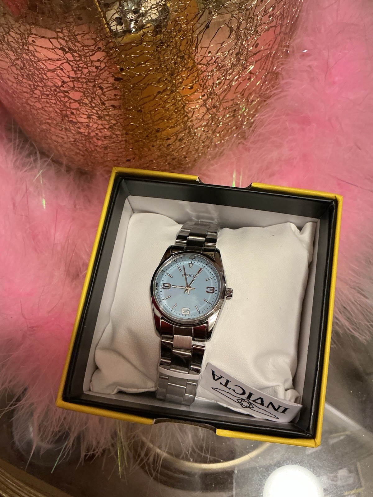Invicta Silver-Tone Metal Wristwatch Light Blue Dial Arabic Stick Indexes in Box