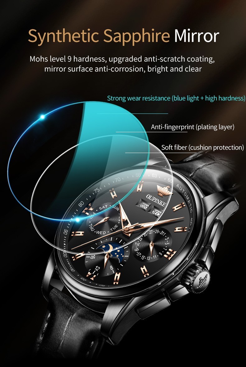 Automatic Mechanical Watch Waterproof Moon Phase Luxury Men Men’s Strap