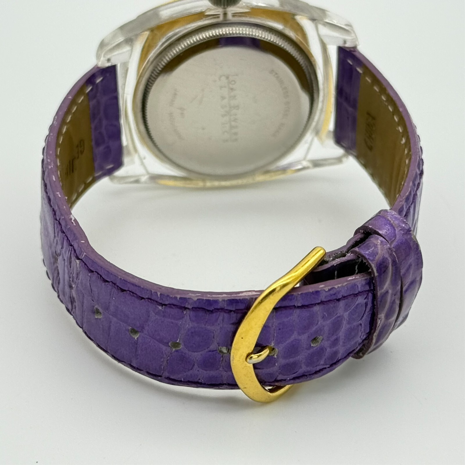 Women’s JOAN RIVERS Clear & Gold Tone 38mm Analog Watch, Purple Leather Band