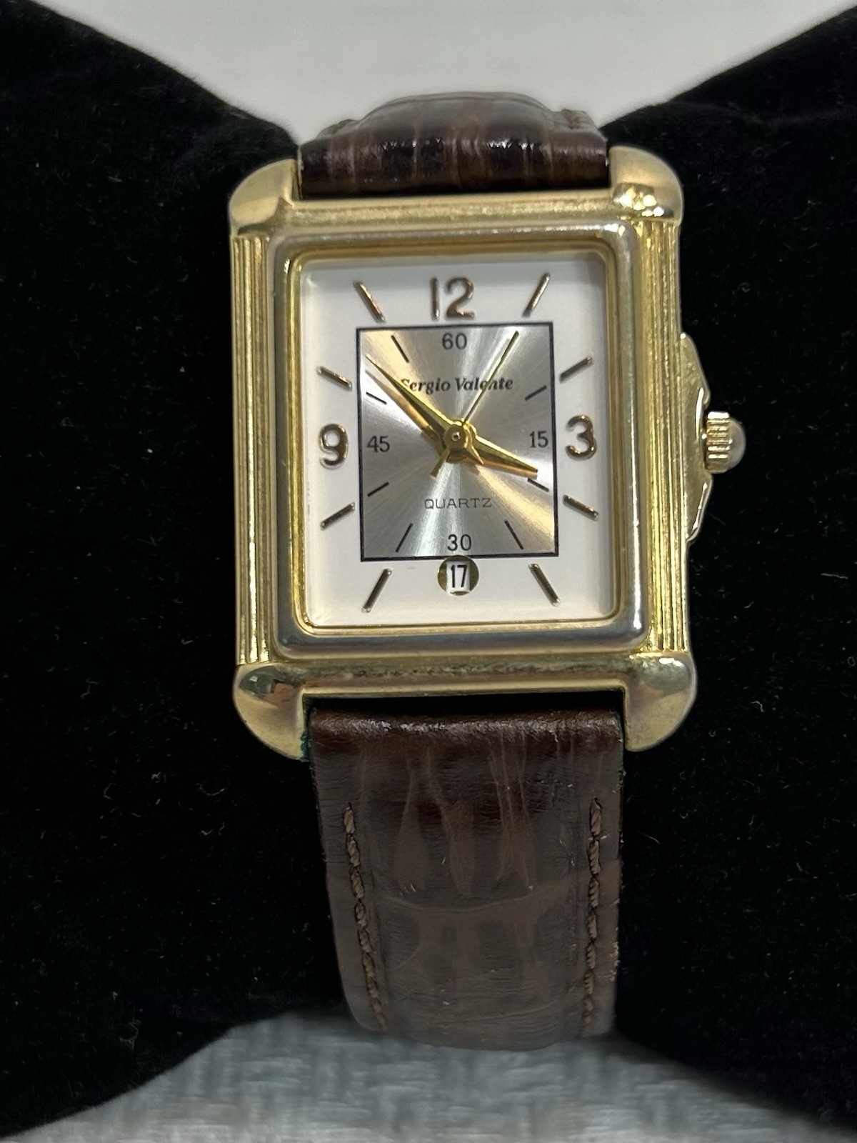 VTG Sergio Valente Gold Tone Rectangle White Silver Dial Works New Battery! EUC