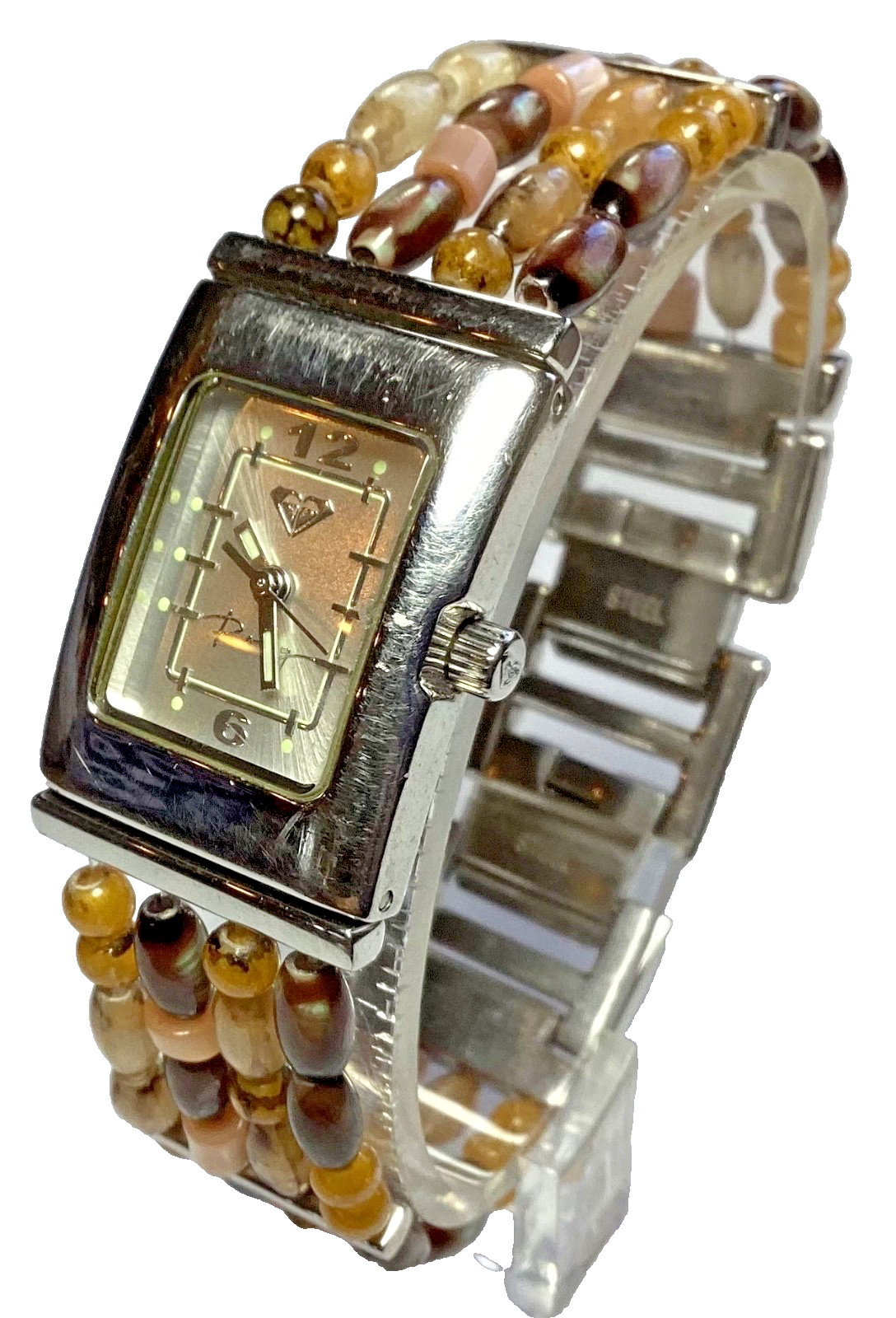 Roxy Charden Women’s Watch Silver Natural Toned Beaded Bracelet New Battery