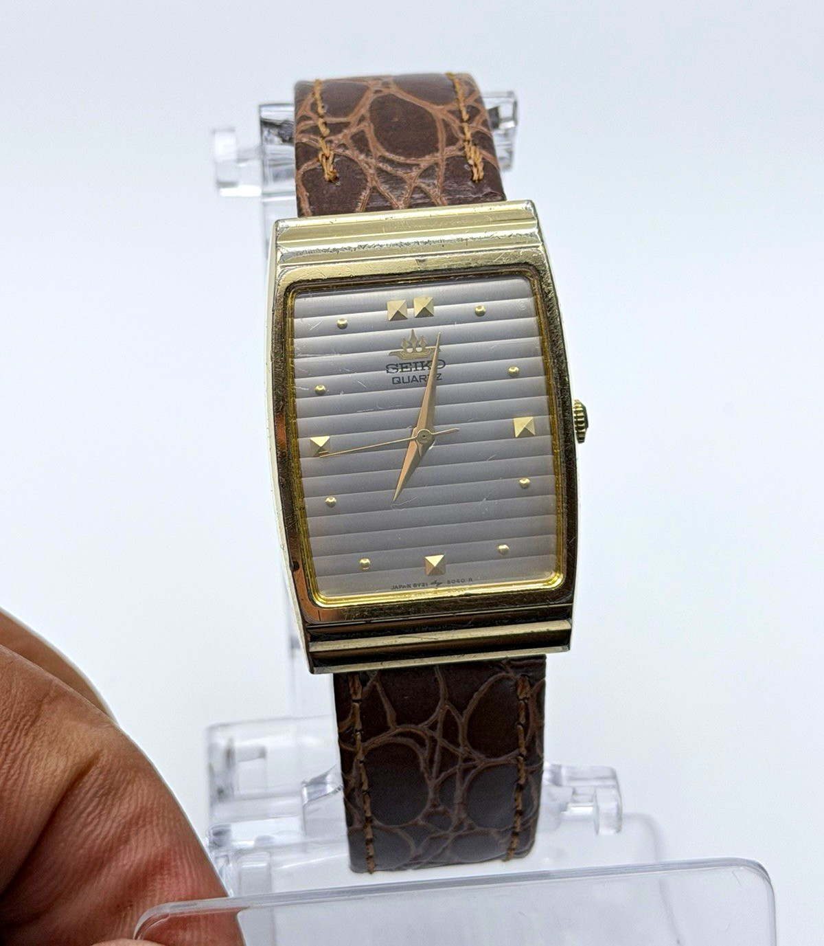 Seiko Quartz Rectangular Dress Watch silver Dial Gold Case Brown Leather