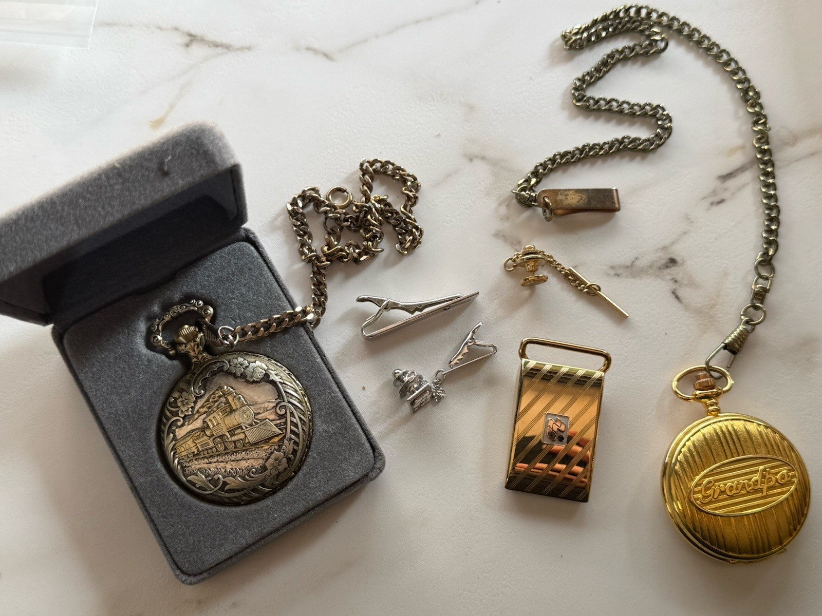 Mixed Lot of Pocket Watches Tie Tack Tie Clip Belt Buckle Sterling Train Gifts