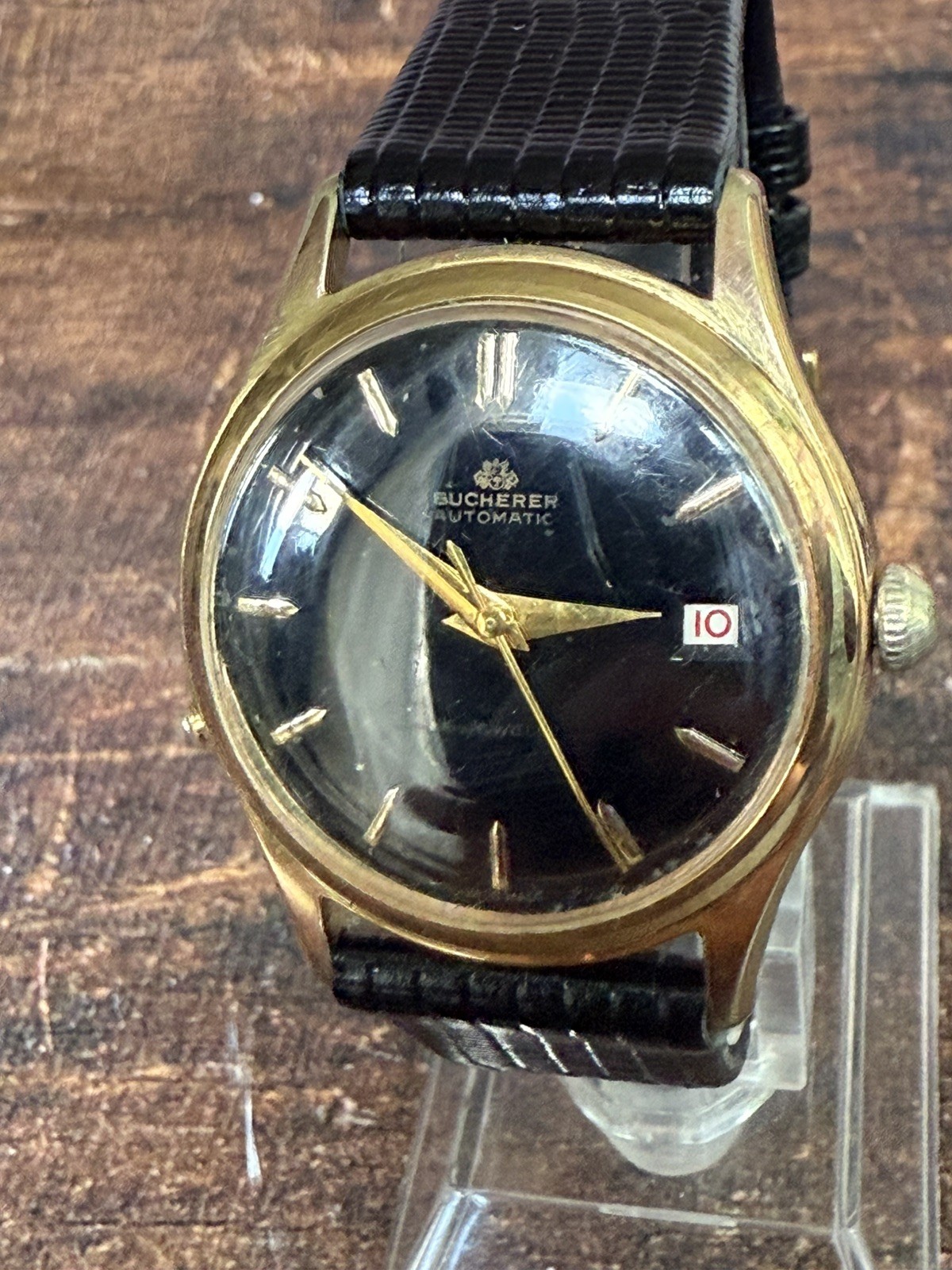 Bucherer Vintage 4730 Black Enamel Dial Date 1960s Swiss Automatic Rare Works