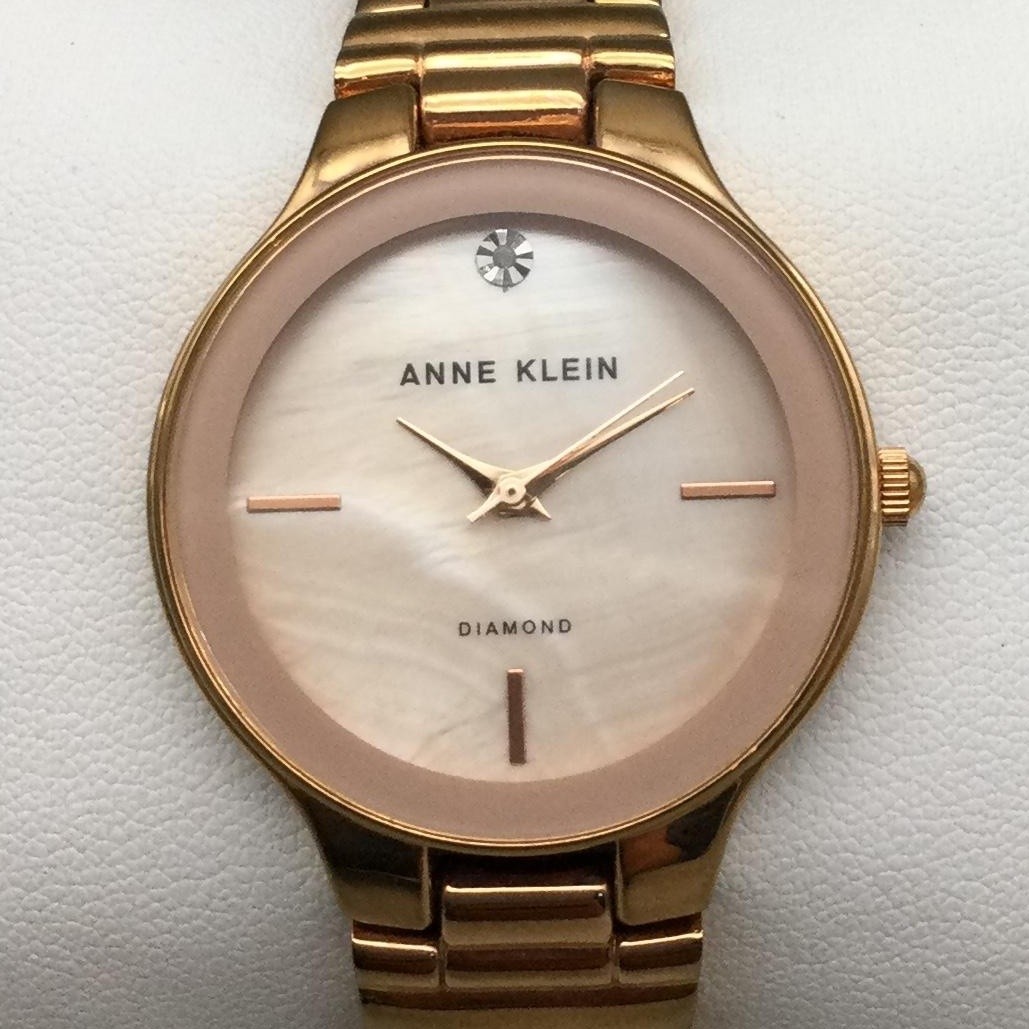 Anne Klein Diamond Womens Watch 32mm Pink MOP Dial Gold Tone New Battery 7.25″