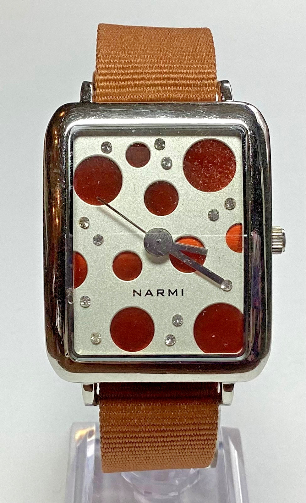 Narmi Women’s Watch Rectangle Orange Polka Dots Nylon Ribbed Band New Battery