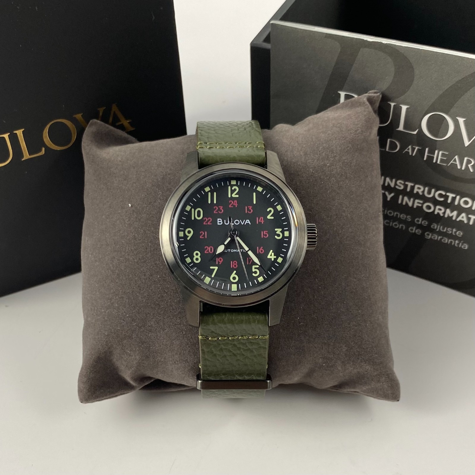 Bulova 98A255 Military Hack Automatic Men’s Watch Black Dial Green Leather Strap