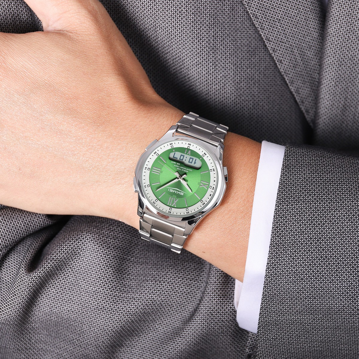 SKMEI Men Quartz Watch Roman Numeral Digital Wristwatch Male Steel LED Watches