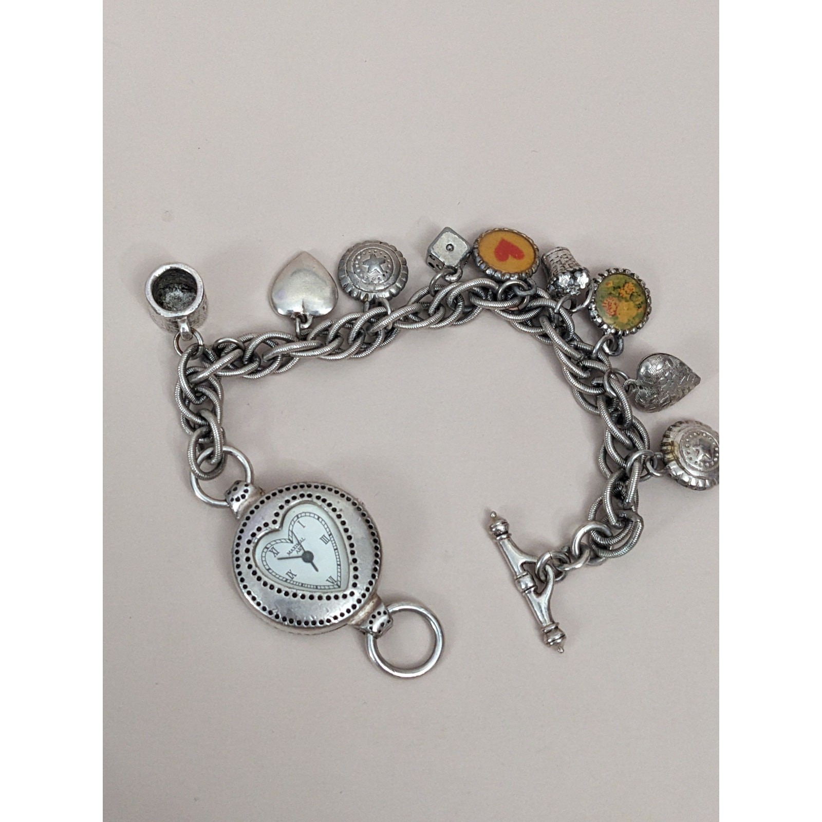 Vintage John Wind Maximal Art Silver Tone Charm Bracelet Watch 7.25in Working