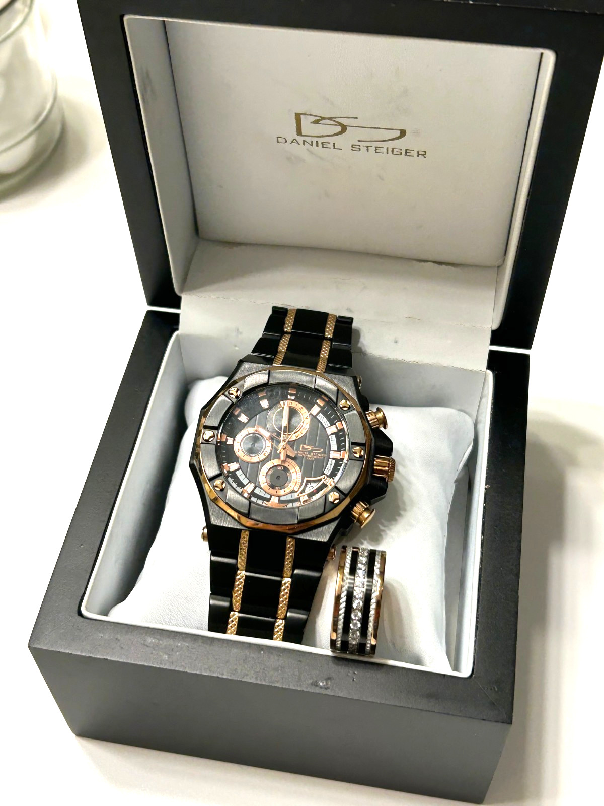 DANIEL STEIGER Men’s Chronograph Watch & Ring, Black and Rose Gold-Original Box!
