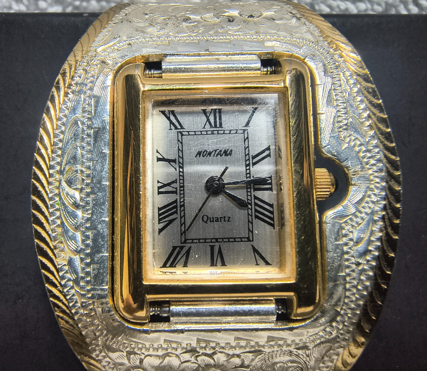 Montana Silversmiths Cuff Watch Silver Flower Filigree Gold Trim New Bat Minty !