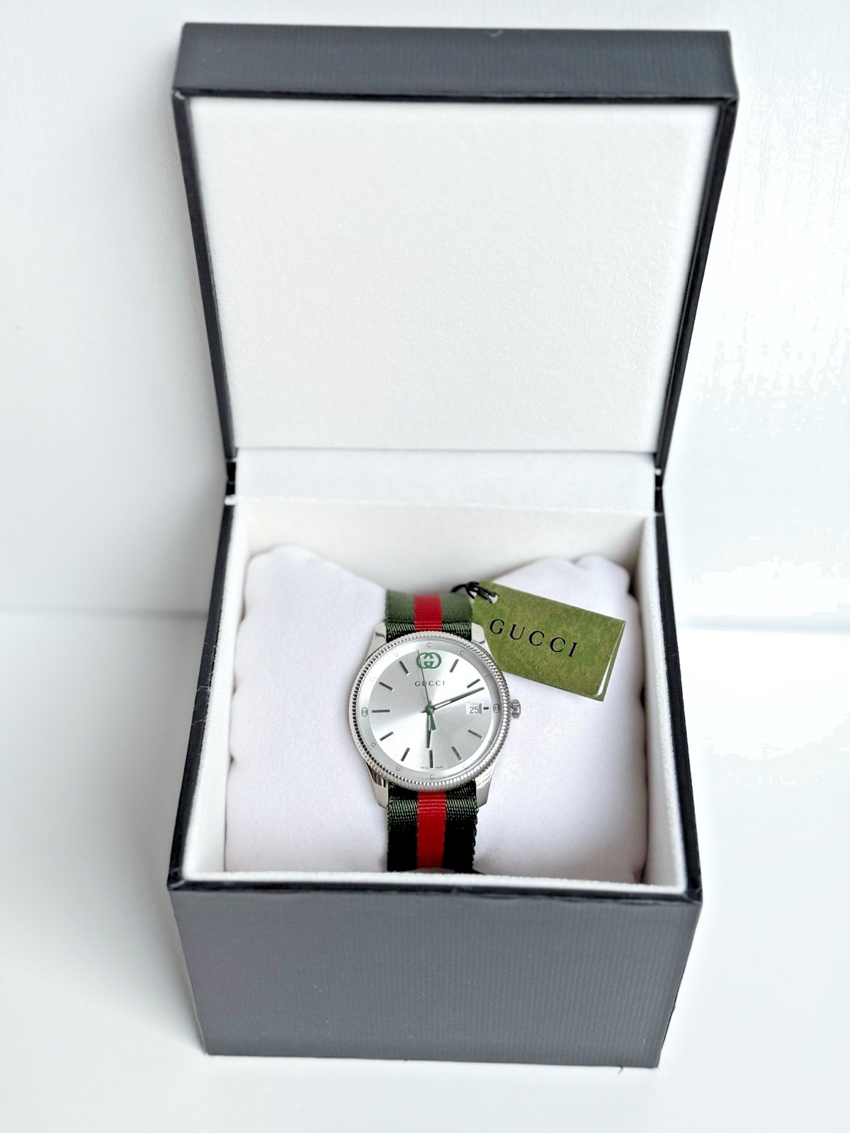 Gucci G-Timeless Silver Dial Green and Red Nylon Strap Watch 38mm YA1264236