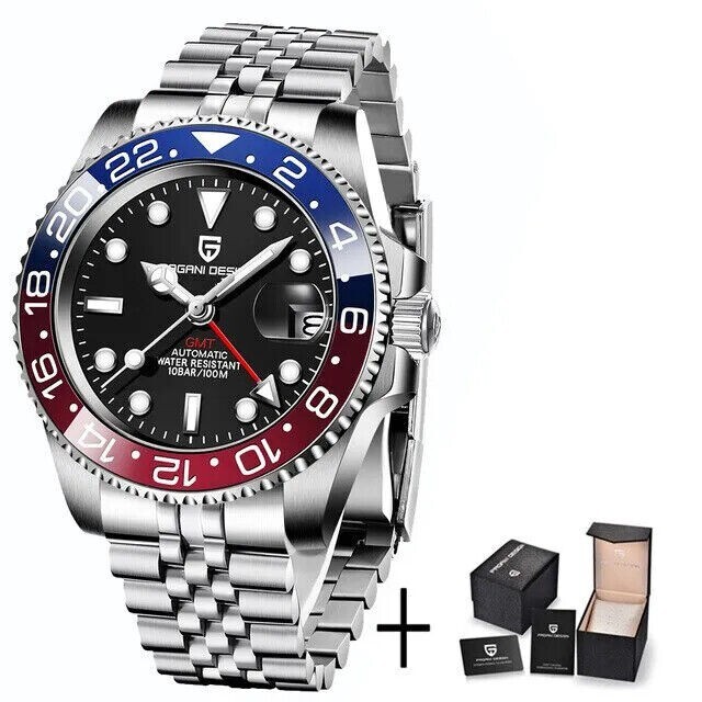 Pagani Design PD1662 Automatic GMT Blue & Red Bezel Jubilee Bracelet Mens Watch