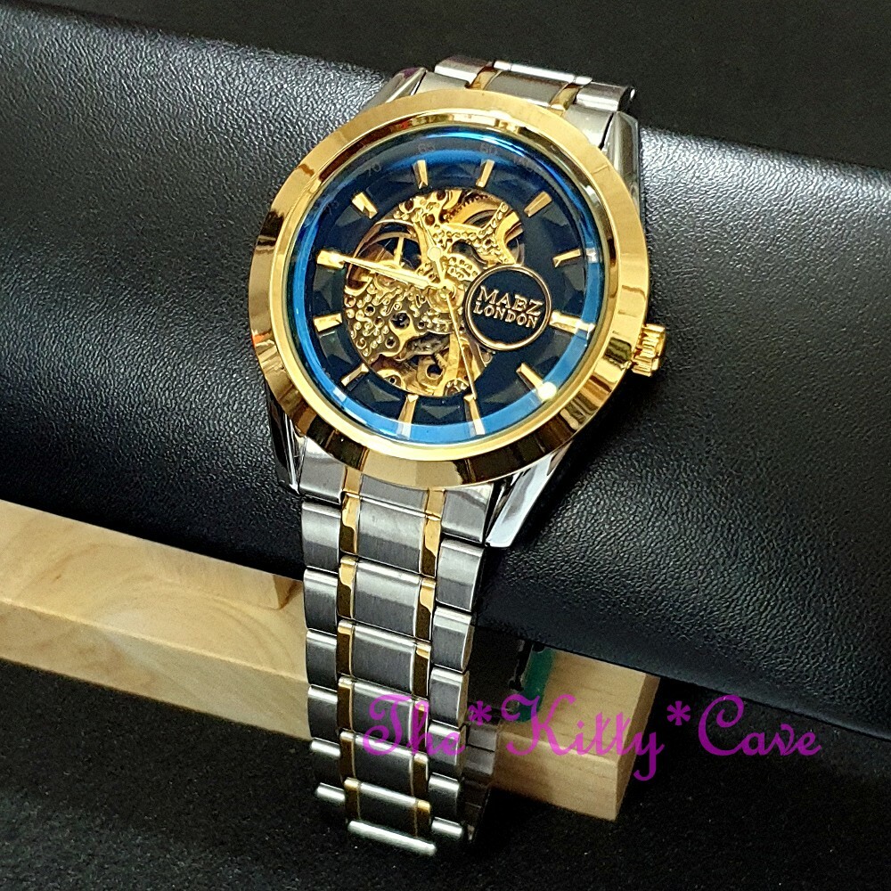 Automatic Mechanical Sapphire Blue Beveled Mineral Steampunk Skeleton Watch