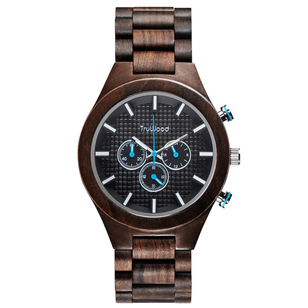 TruWood Chronograph Pilot Wrist Watch- 100% Natural Black Sandalwood- Brand New