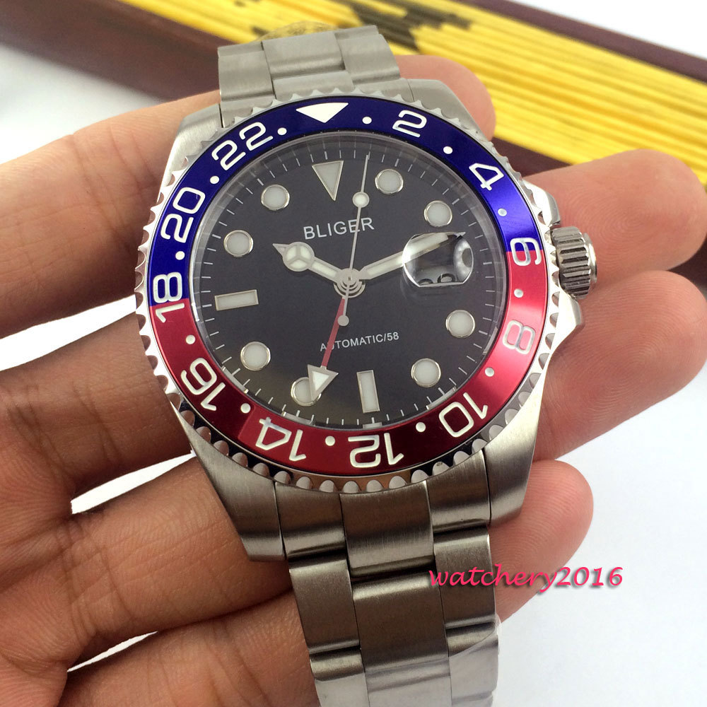 43mm BLIGER Date Luminous GMT Sapphire Pepsi Bezel Automatic Movement mens Watch