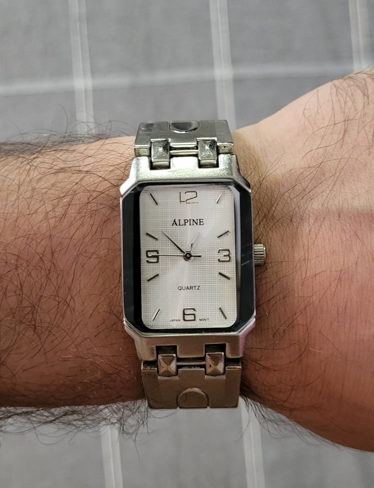 Alpine Quartz Rectangular Dress Watch Silver Tone Stainless Japan Needs Battery