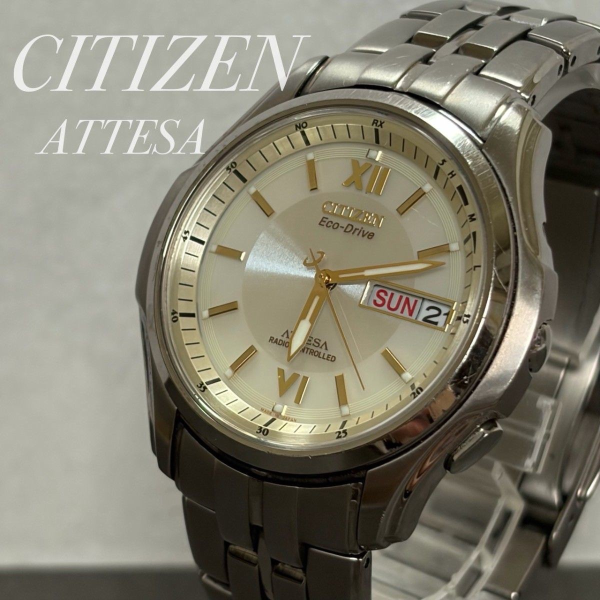 Citizen Attesa Eco-Drive Radio Day Date Champagne Dial Titanium Watch Japan